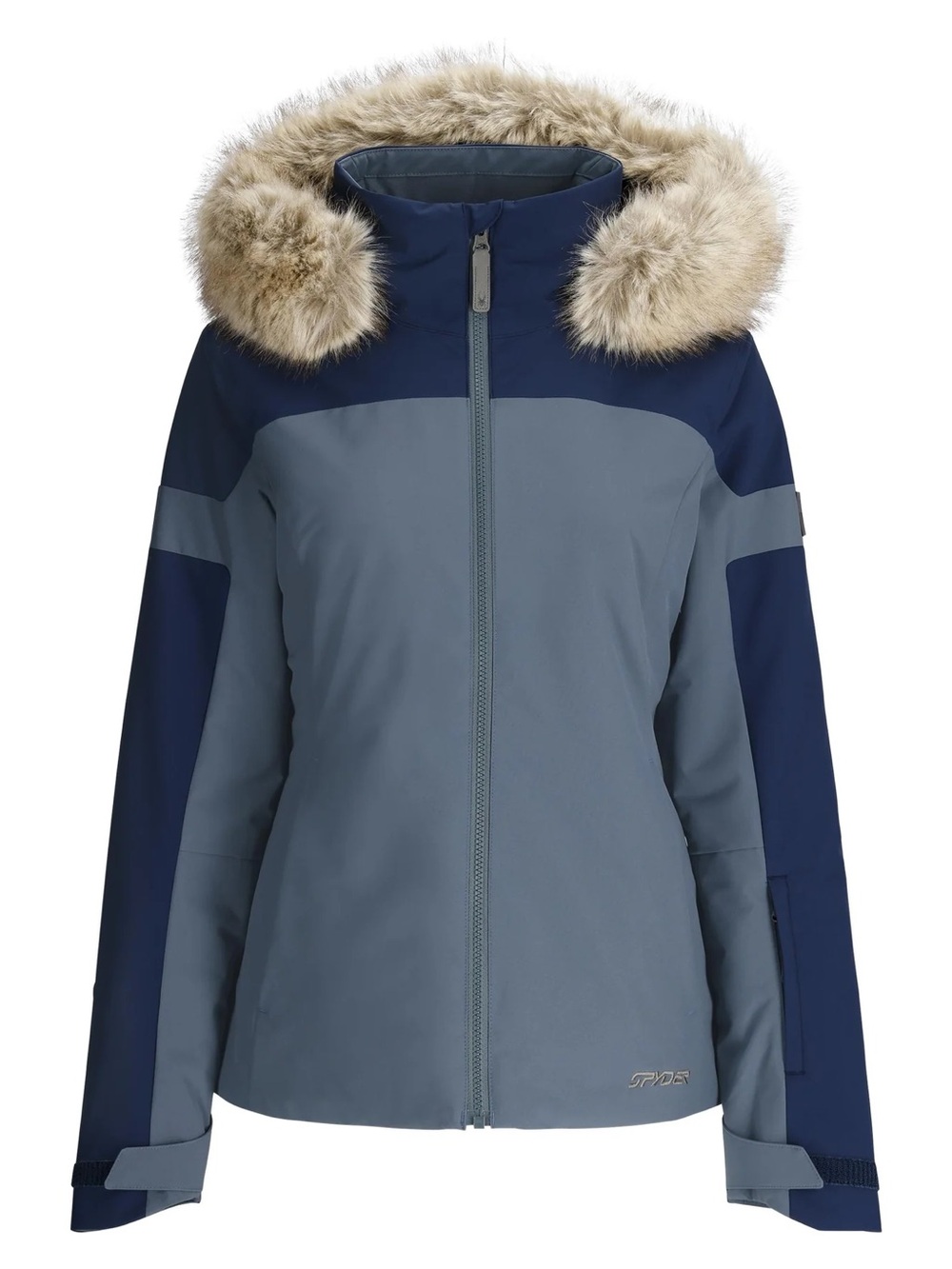 Spyder Women's Two-Tone Navy and Slate Ski Jacket with Faux Fur Hood